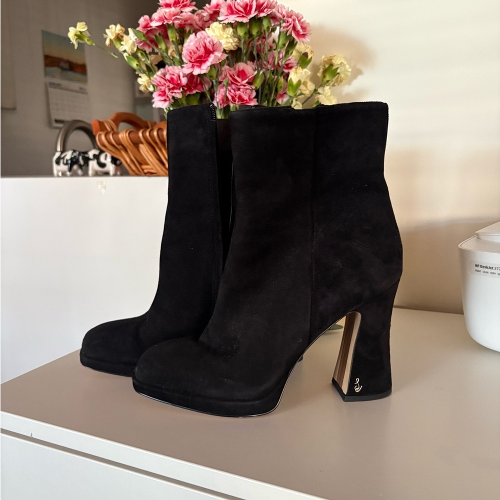 Sam Edelman Square Toe Block Heel Black Suede Ankle Boots